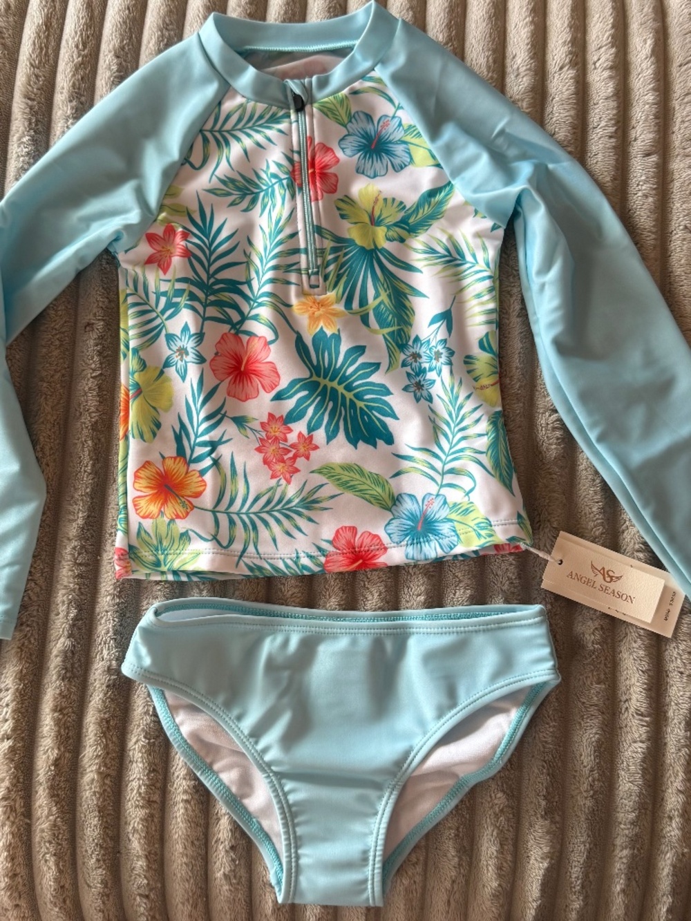 Angel Season Girls 2-Piece Long Sleeve Rash Guard Swimsuit – Blue Hawaiian Flora